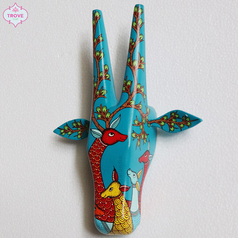 12" Wildlife Motif Gond Style Painted Wooden Cow Head