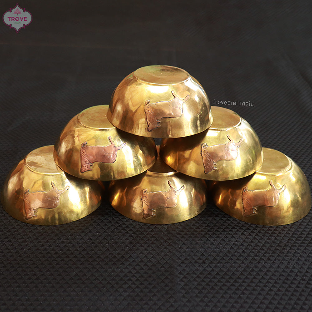 Handmade Kansa Bowl with cow and lotus in copper - set of 6