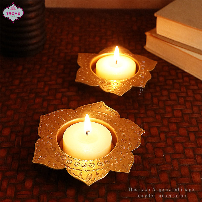 Traditional Hand-etched Brass Bird & Lotus Diya Set
