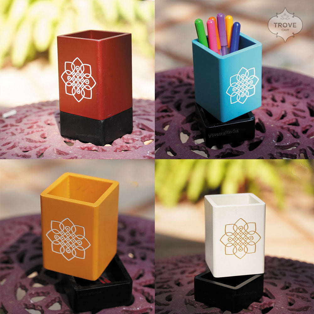 6" Kolam Etched Pen Stand With Secret Compartment