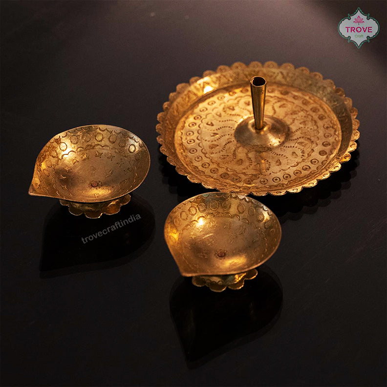 Hand-etched Brass Diya & Incense Holder Set – Trove Craft India