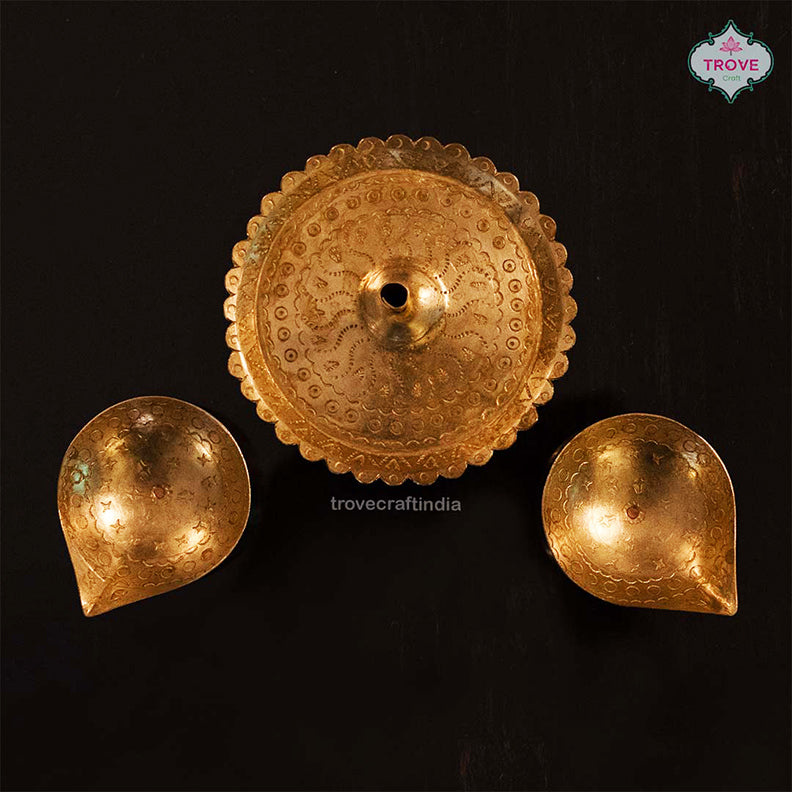 Hand-etched Brass Diya & Incense Holder Set