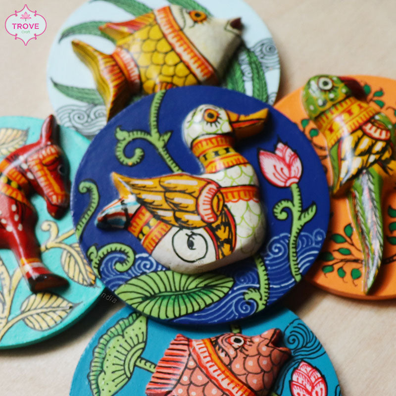 3" Wooden Hand-painted Pattachitra Fridge Magnets (Set of 5)