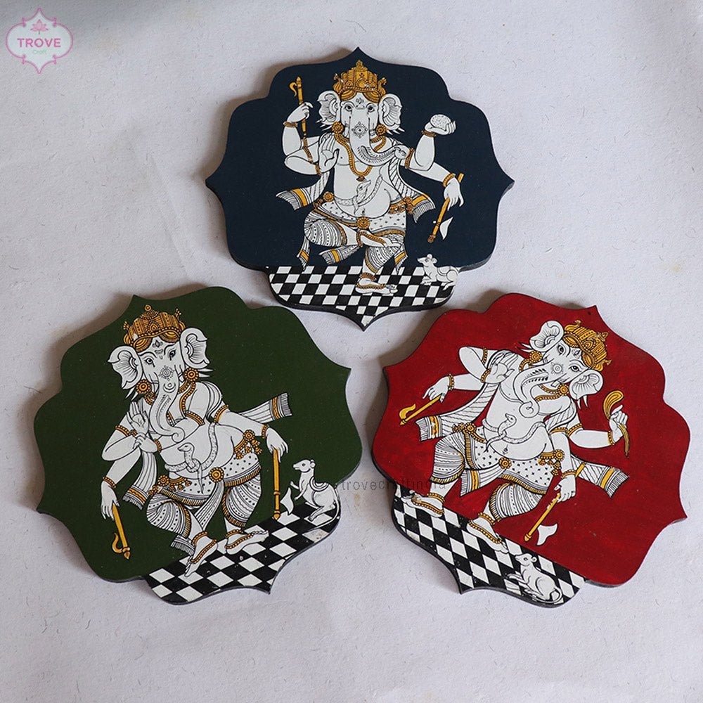 6" - Set of 3 Ganesha Decorative Plaques - Hand-painted in Pattachitra Style