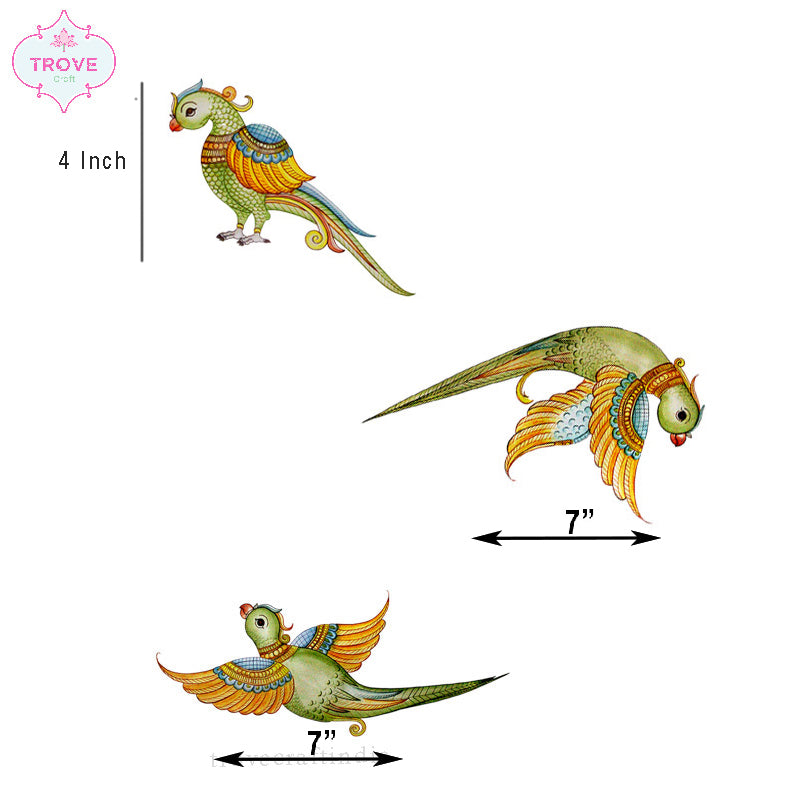 Set of 3 Kalamkari Parrots in Flight - Wall Decorative Stickers / Decal
