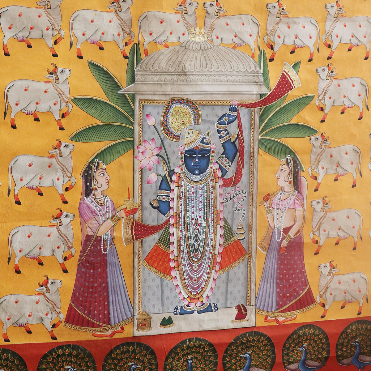Shrinthji & Cows on Yellow BG Pichwai Painting - 3 Feet x 4 Feet ( Unframed )