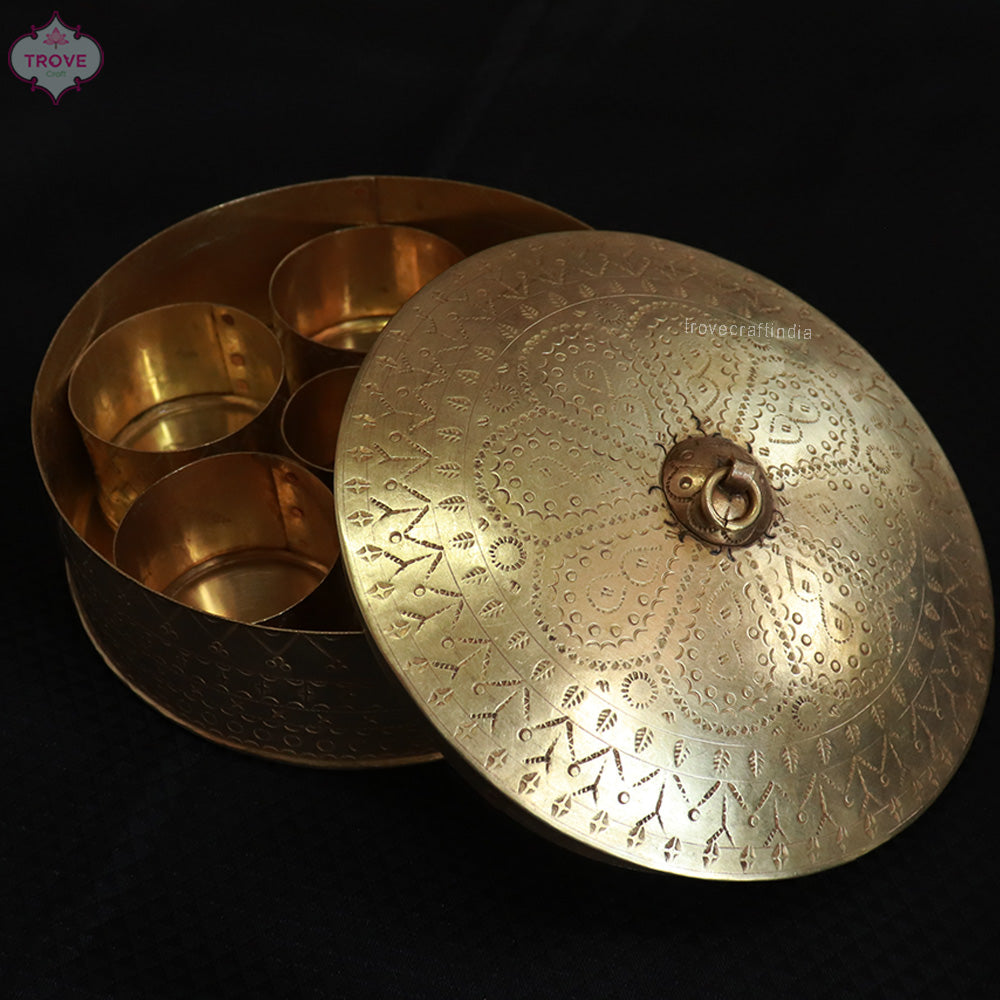 Hand-etched Traditional Brass Masala Box / Spice Box