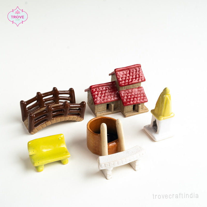 Set of of 6 - Ceramic Miniature Bonzai decor - Village Garden