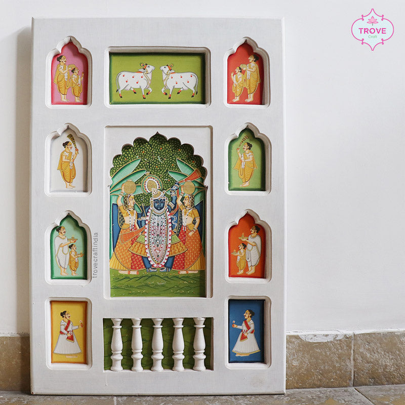 Unique Wooden Jharoka Decor Framed Pichwai Theme 24"x 36"