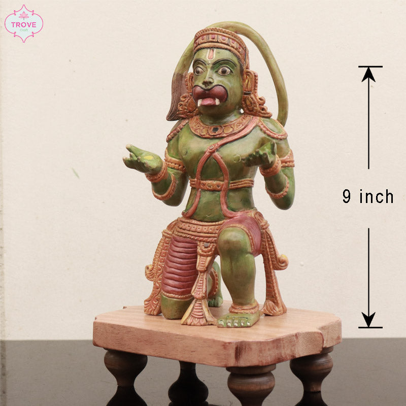 9 Inch - Distressed Finish Wooden Hanuman Sculpture with Pedestal