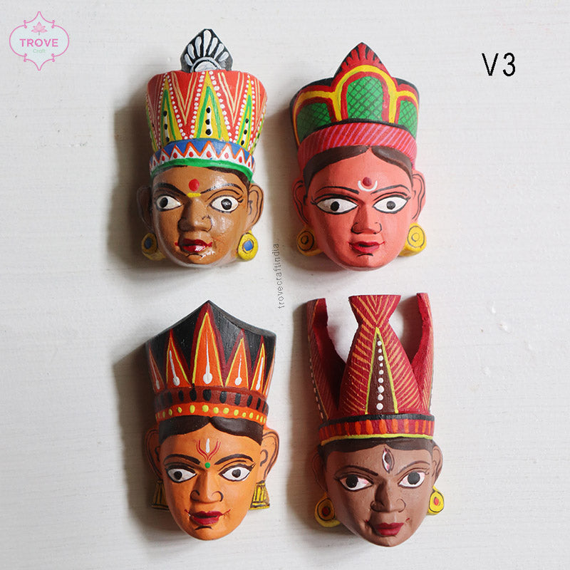 Set of 4 - 2.5" Hand-carved & painted tribal mask - fridge magnet