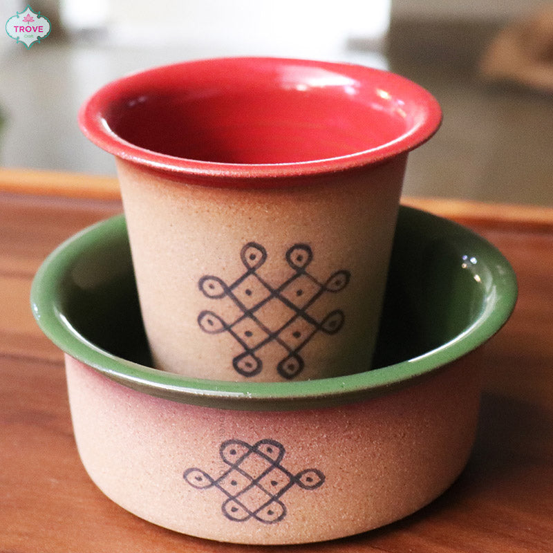 Set of 2 - Ceramic Coffee Dabara & Katori - Kolam Design