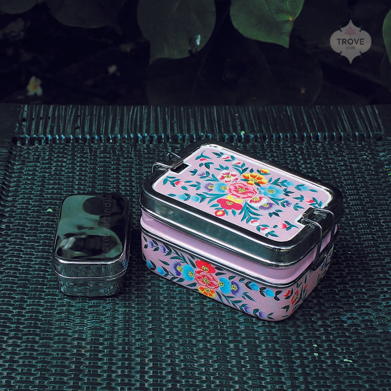 Pink Floral Stainless Steel Lunch Box Tiffin - Floral Pink Tiffin