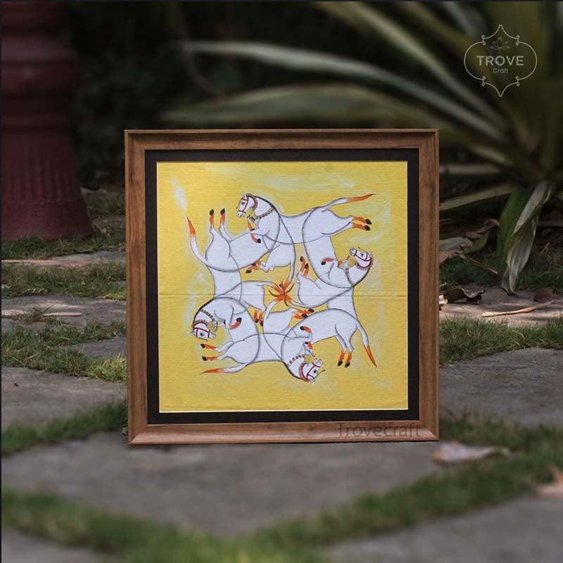 Framed traditional Indian folk art - kaleidoscopic horses