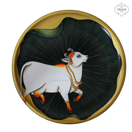 12" Cow on Lotus Leaf Pichwai Wall Décor Plate with Relief Work