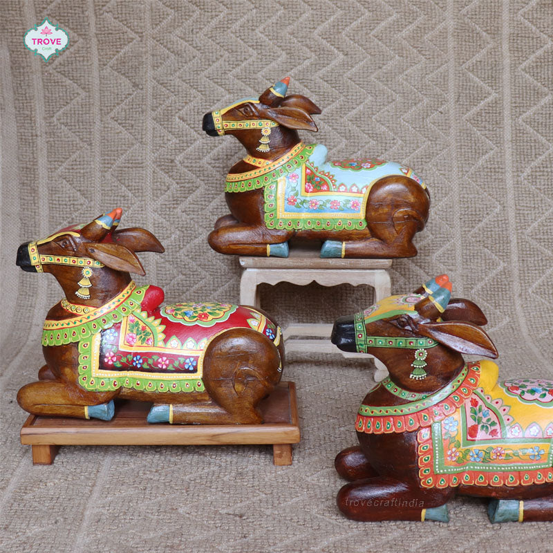 12" Rajasthani Floral Wooden Nandi Statue