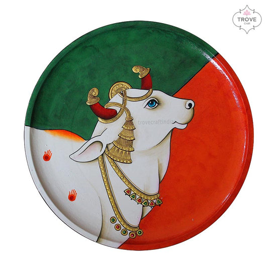12" Cow on Orange Green Pichwai Wall Décor Plate with Relief Work