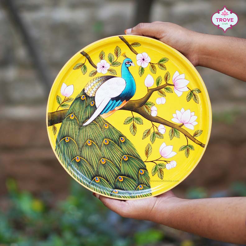 Wooden Pichwai Wall Plate Peacock on tree handpainted discount on wood decor for home