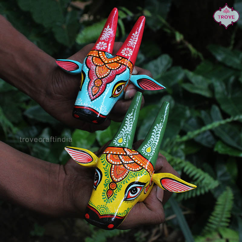 5 & 6 Inch - Mini Hand Painted Pattachitra Wooden Cow Head