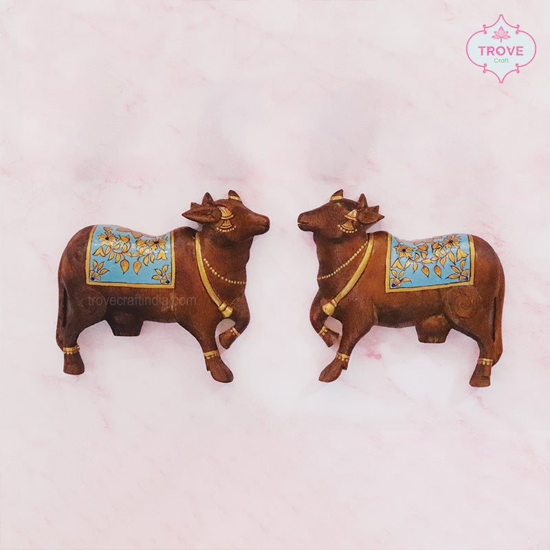 Carved Wooden Wall Pichwai Cow - Red / Blue