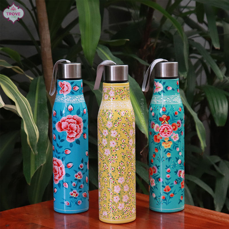 Hand-painted Kashmiri enamel bottle - 1 Ltr Stainless Steel