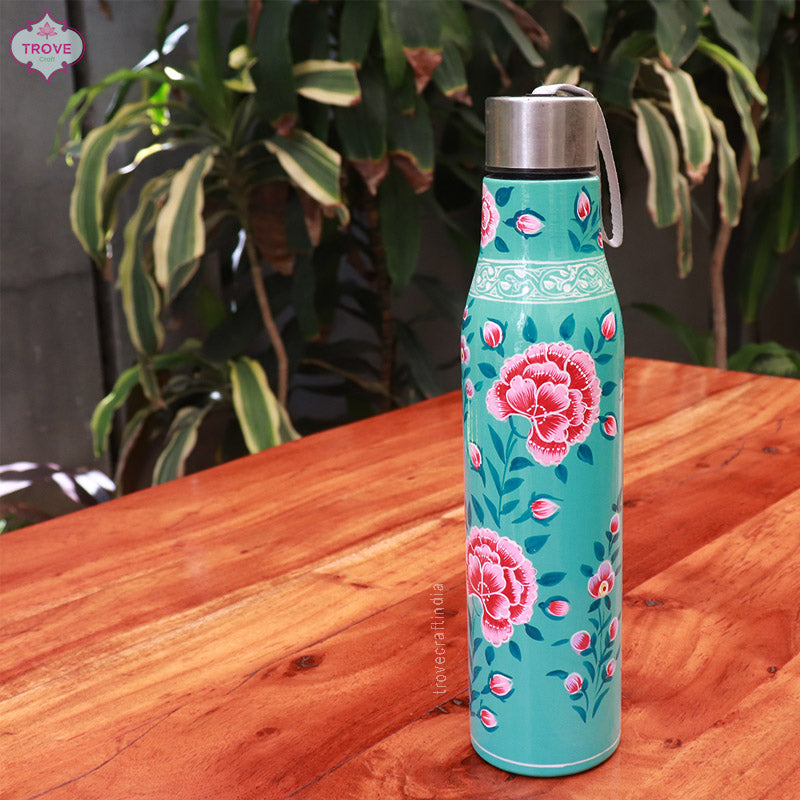 Hand-painted Kashmiri enamel bottle - 1 Ltr Stainless Steel