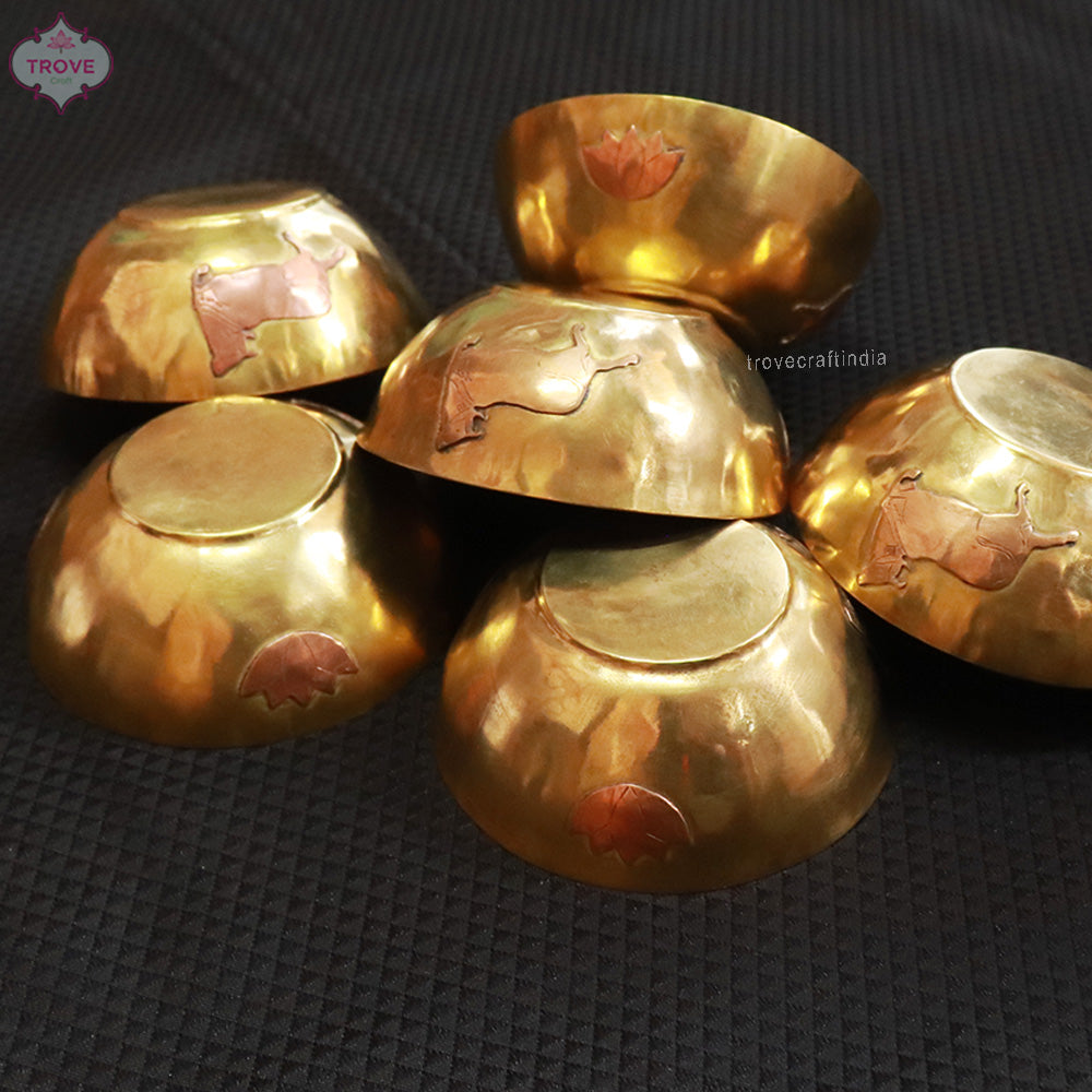 Handmade Kansa Bowl with cow and lotus in copper - set of 6
