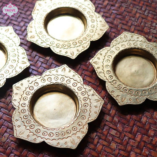 Traditional Hand-etched Brass Bird & Lotus Diya Set
