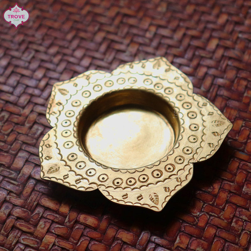 Traditional Hand-etched Brass Bird & Lotus Diya Set