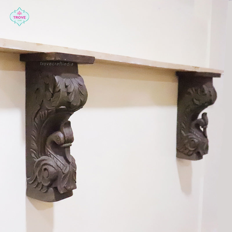 Hand Carved Peacock Corbel Wall Bracket ( Set of 2 )