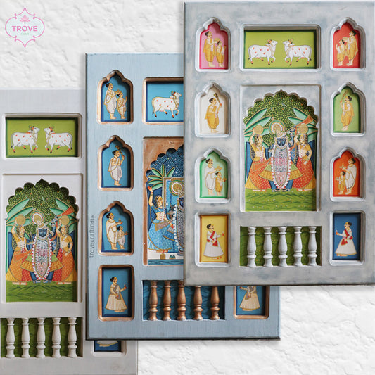 Unique Wooden Jharoka Decor Framed Pichwai Theme 24"x 36"