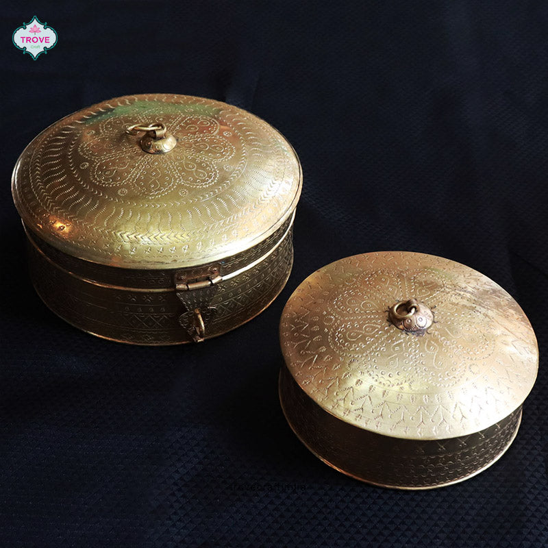 Hand-etched Traditional Brass Masala Box / Spice Box