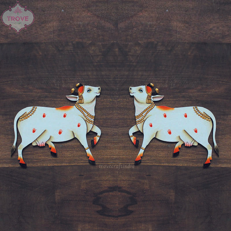Set of 2 pichwai cow MDF cutouts in white - Walking