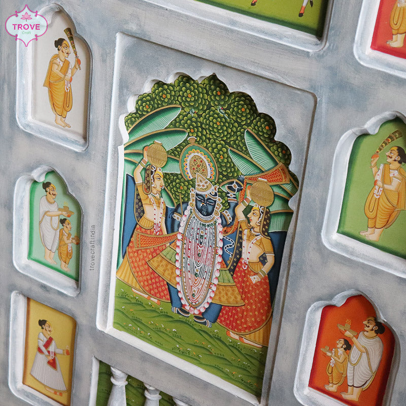 Unique Wooden Jharoka Decor Framed Pichwai Theme 24"x 36"