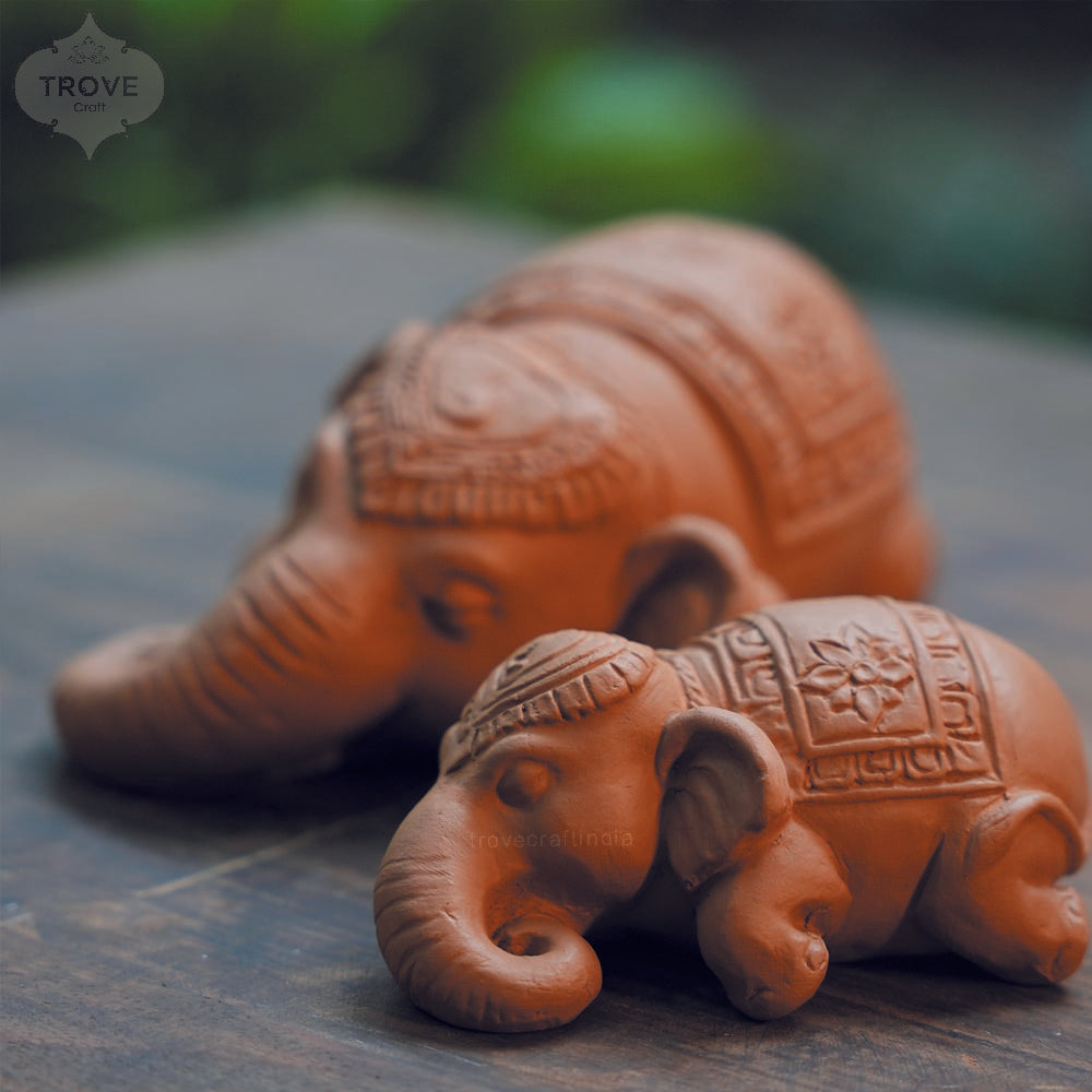 Terracotta Mother & Calf Elephant in Sweet Slumber - Set of 2