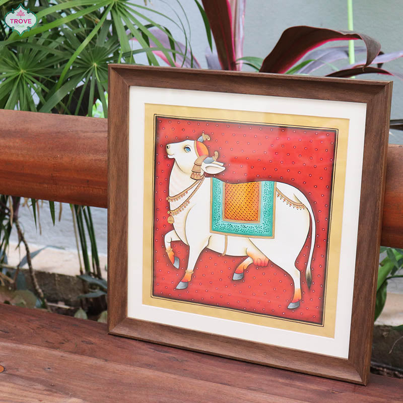 Unframed 12" x 12" White Cow with Chadar Pichwai Painting