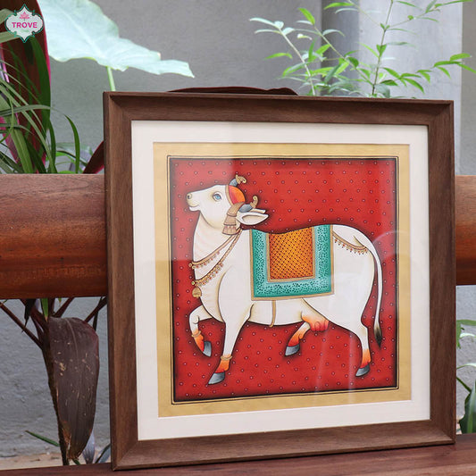 Unframed 12" x 12" White Cow with Chadar Pichwai Painting