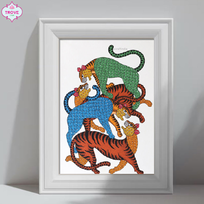 Unframed 11" x 16" Handpainted Gond Animals - Tiger & Elephant