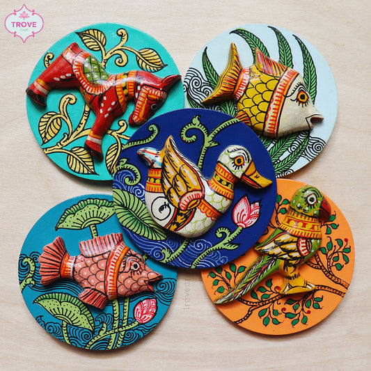3" Wooden Hand-painted Pattachitra Fridge Magnets (Set of 5)