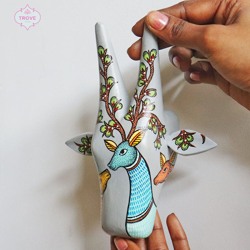 6 Inch - Mini Hand Painted Gond Wooden Cow Head