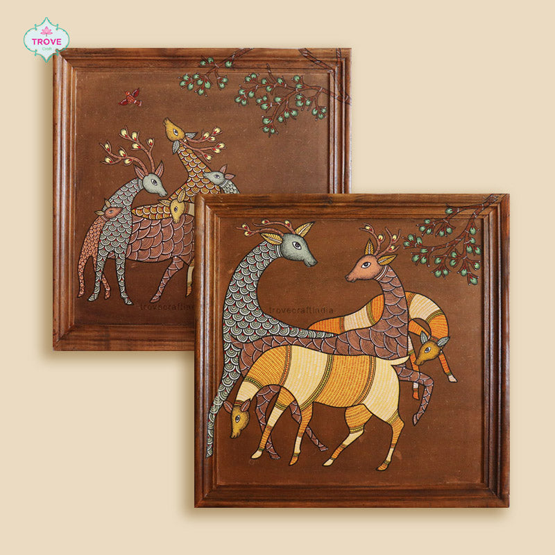 16" x 16" Gond Deer Family Folk Art Infinity Frames