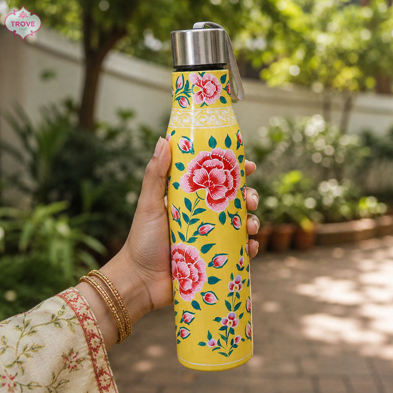 Hand-painted Kashmiri enamel bottle - 1 Ltr Stainless Steel