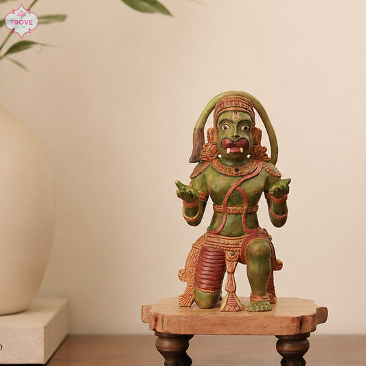 9 Inch - Distressed Finish Wooden Hanuman Sculpture  with Pedestal