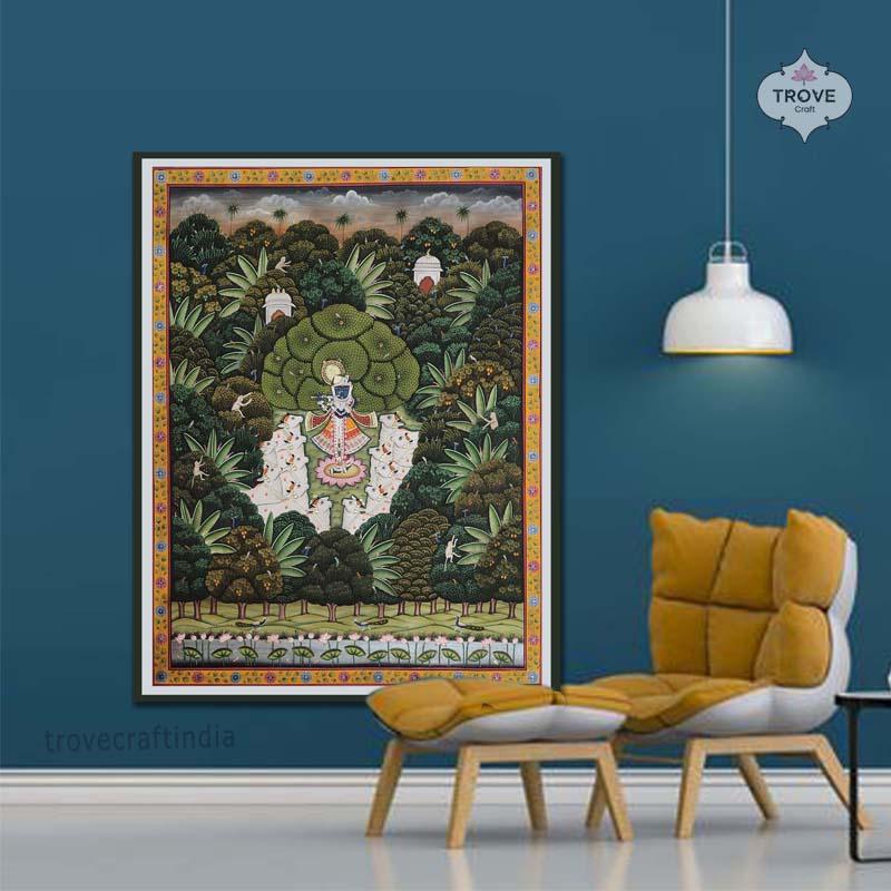 Srinathji in jungle Pichwai Painting - 36 x 48 Inch – Trove Craft India