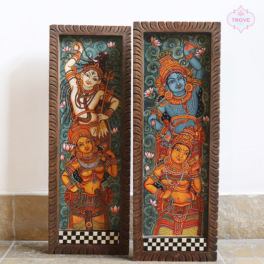 Hand-Painted Kerala Mural Wall Decor Wooden Carved Panels