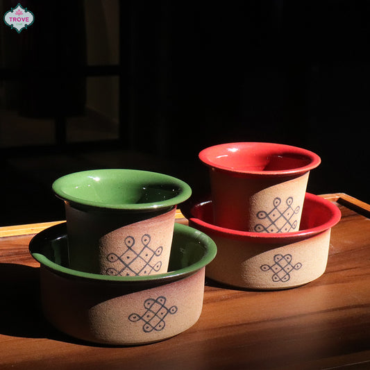 Set of 2 - Ceramic Coffee Dabara & Katori - Kolam Design