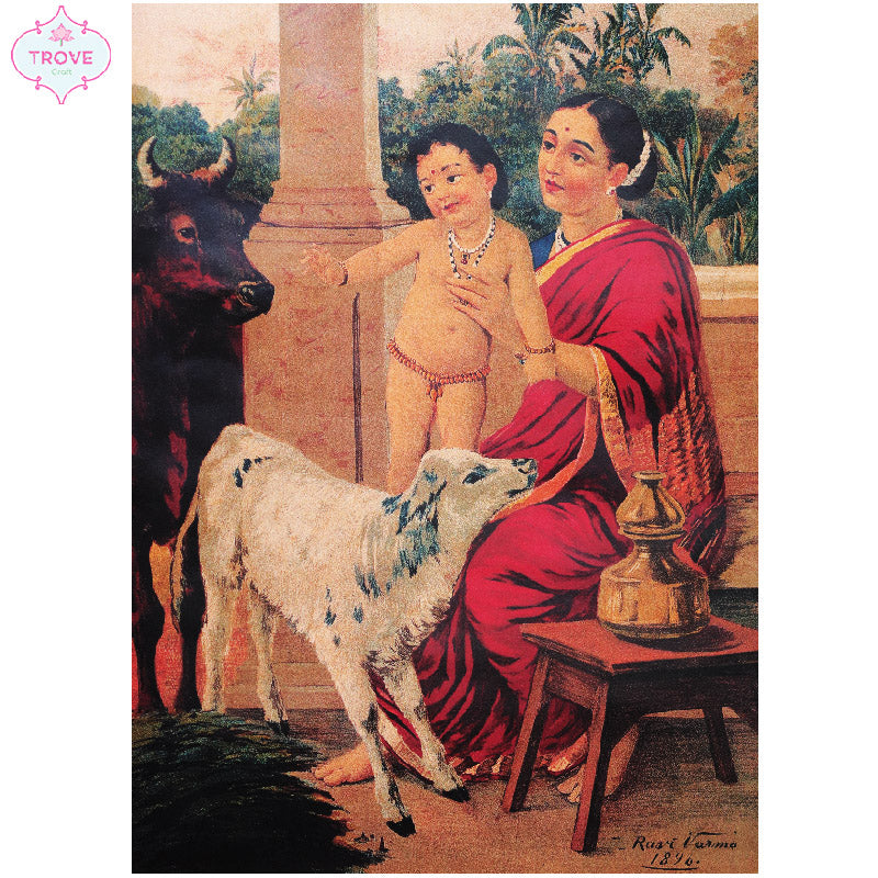 Raja Ravi Varma Krishna As An Infant On Yasoda_s Lap Playing With A Cow And A Calf