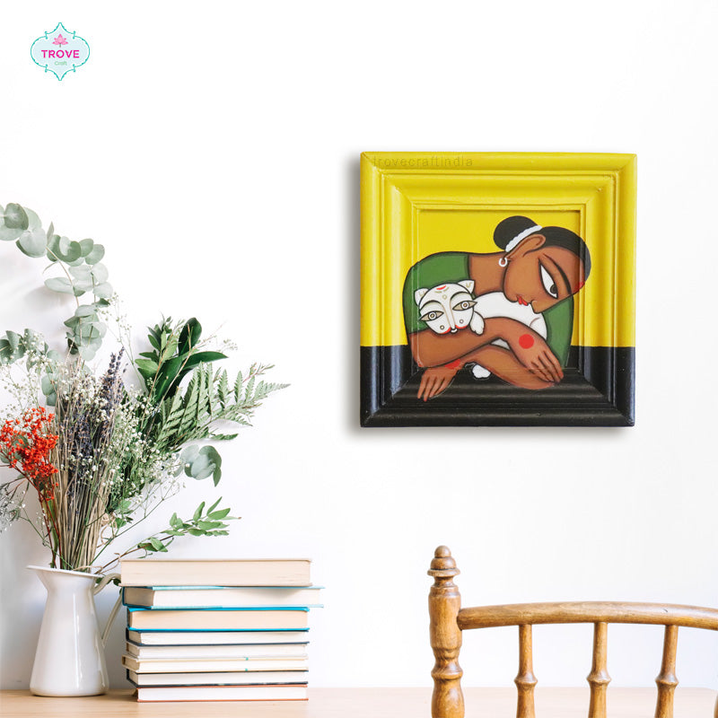Infinity Frame 12" Kalighat Painting of Woman and Cat with Infinity Framing