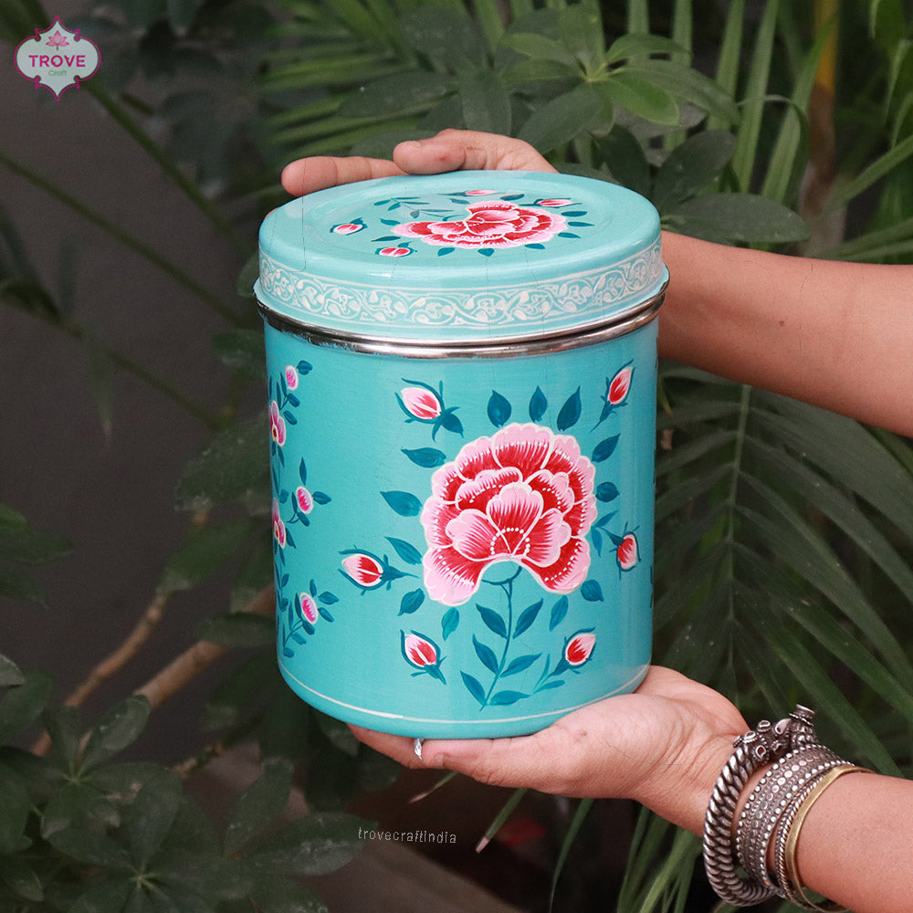 Set of 2 - Large Hand-painted Enamel Storage Canisters / Tins