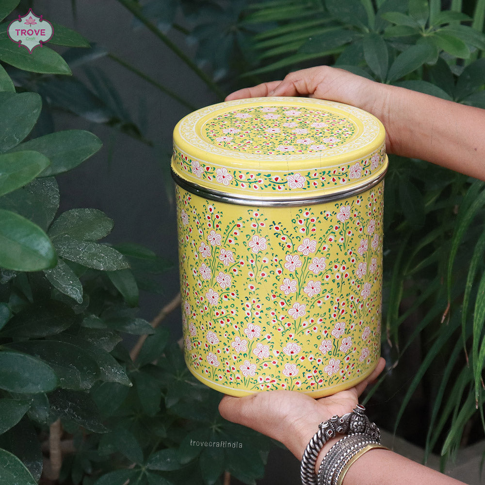 Set of 2 - Large Hand-painted Enamel Storage Canisters / Tins